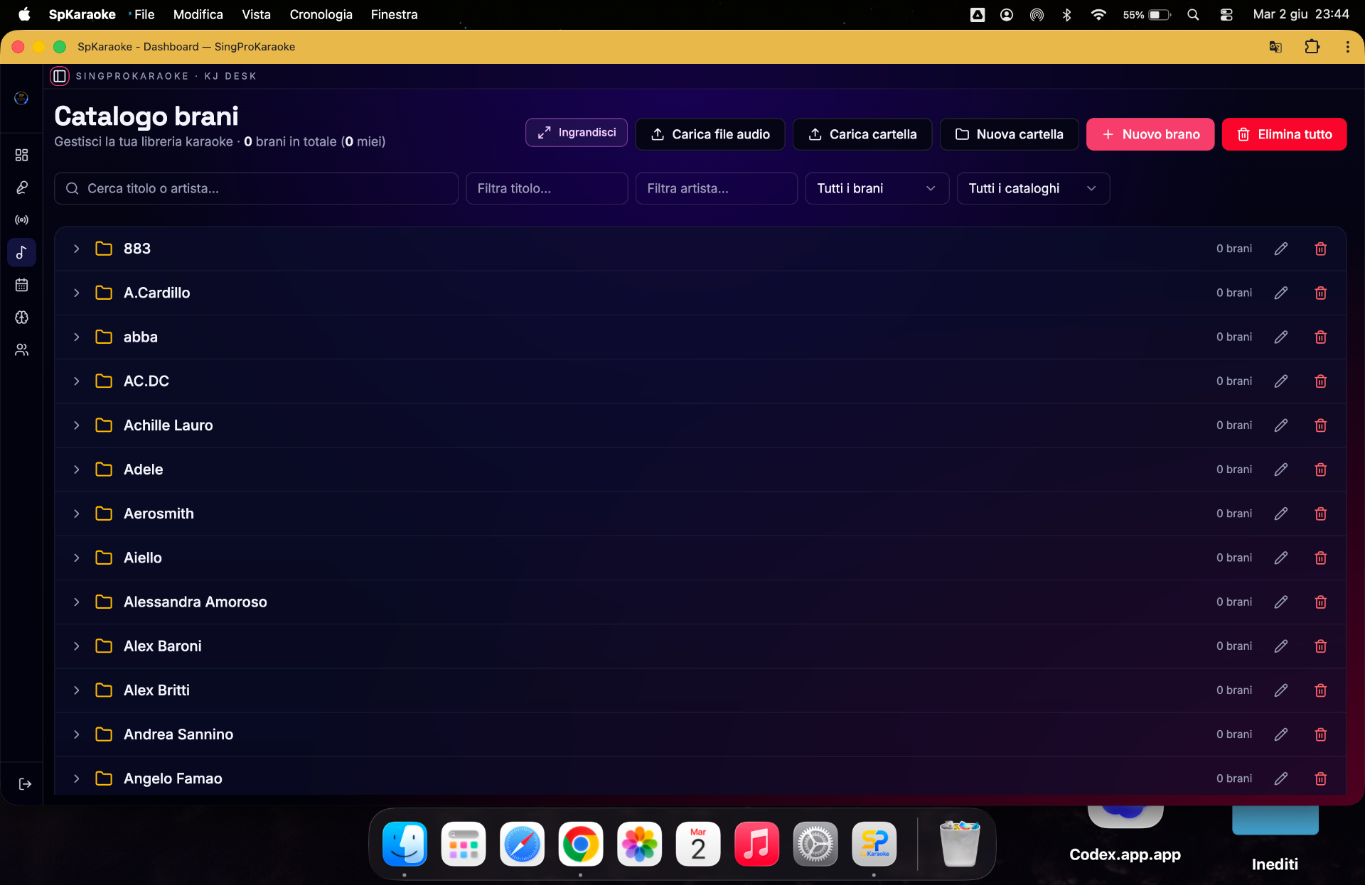Catalogo brani SingProKaraoke con cartelle per artista