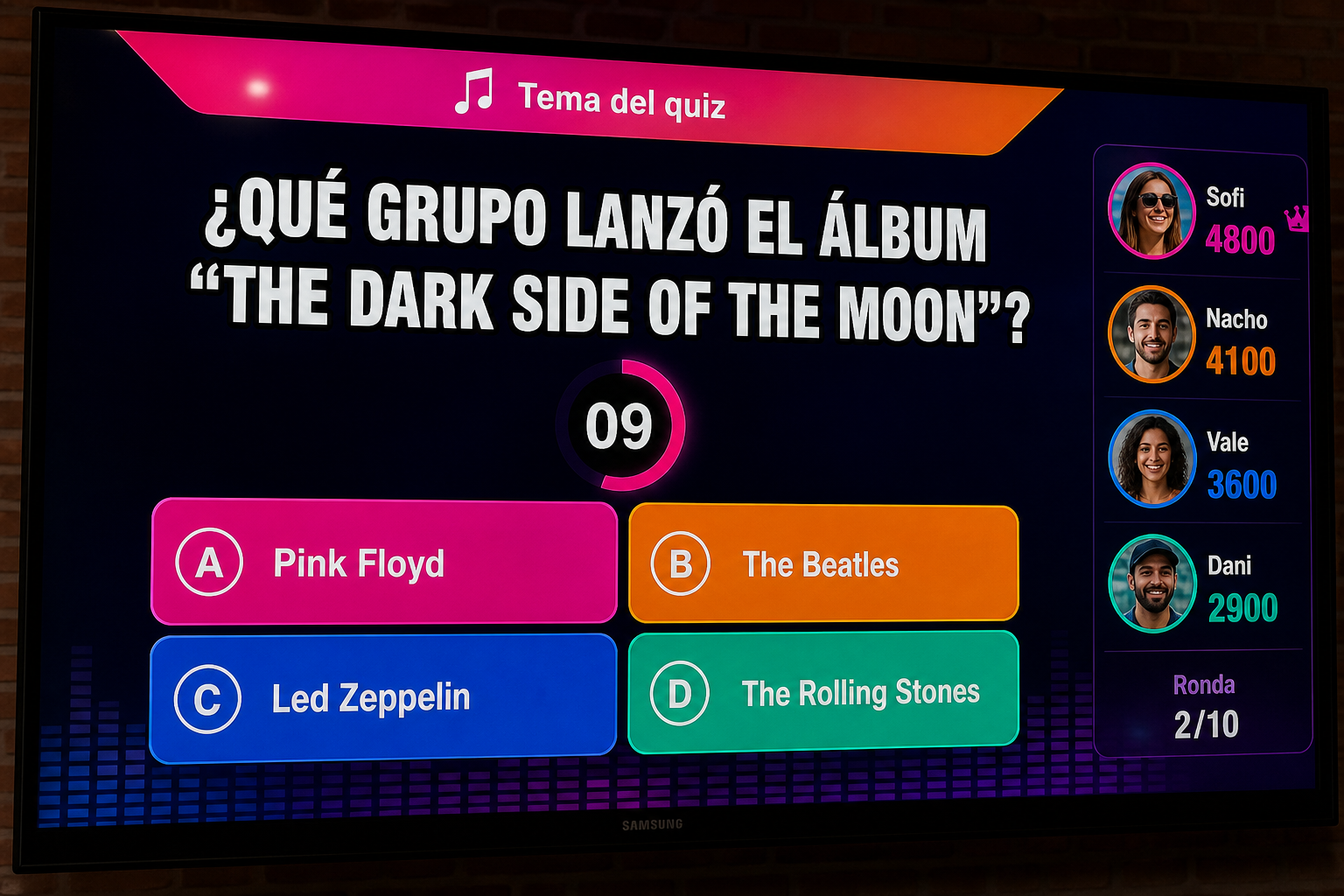 Schermata quiz musicale con domande e risposte multiple